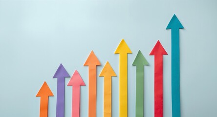 Ascending Arrows. A Gradient of Growth and Progress on a Light Blue Surface.