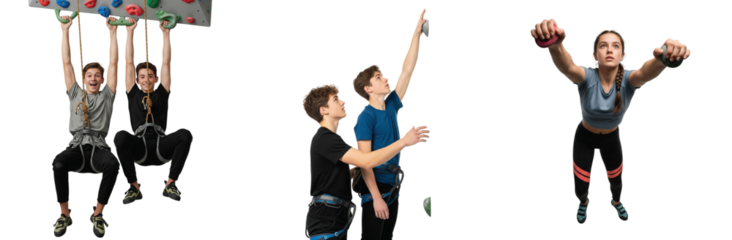A dynamic collage set of young Caucasian athletes training for rock climbing, showing strength exercises with rings and weights isolated on white