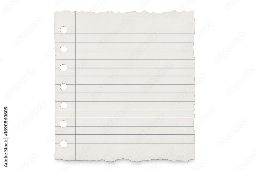 Poster crumpled lined notebook paper sheet featuring torn edges, transparent background showcasing textured