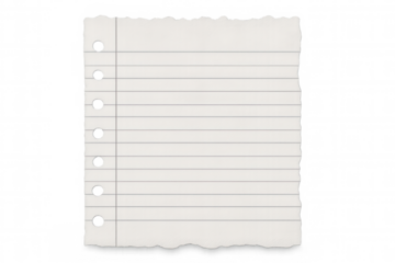 Crumpled lined notebook paper sheet featuring torn edges, transparent background showcasing textured writing surface ready for personalized messaging