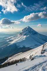 A breathtaking winter landscape of a high snow-covered mountain peak against a cloudy sky