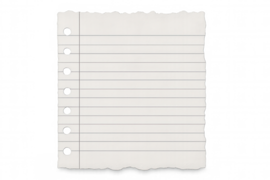 Crumpled lined notebook paper sheet featuring torn edges, transparent background showcasing textured writing surface ready for personalized messaging