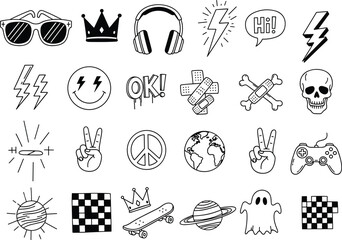 Cool doodle icons collection with skull, peace sign, planets, game controller, sunglasses, skateboard, crown, ghost, lightning, stickers