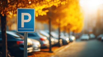 A blue parking sign stands in front of a row of parked cars beneath autumn trees, illuminated by warm sunlight