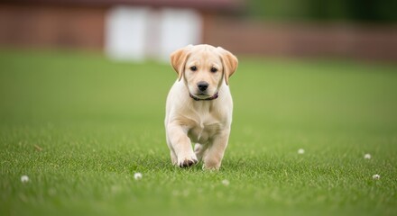 Adorable Golden Retriever Puppy Running on Fresh Green Grass Field Outdoor Scene