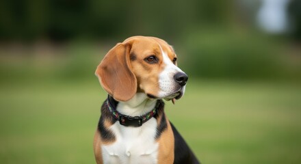 Adorable Beagle Dog Sitting Outdoors in a Grassy Field Looking Off to the Side