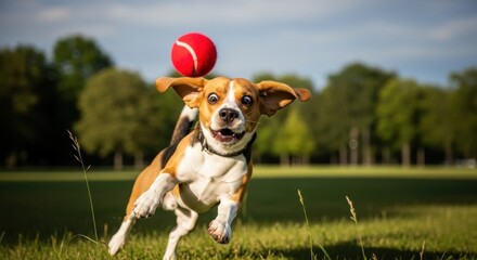 Energetic Beagle Dog Chasing a Bright Red Ball in a Sunny Park Field