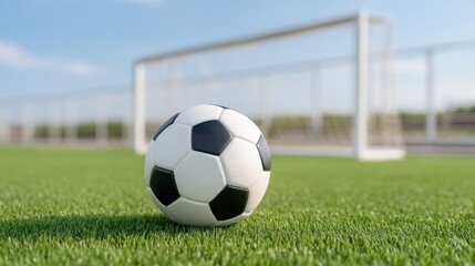 Fototapeta premium Close-up of a Classic Black and White Soccer Ball on a Lush Green Field with a Goalpost in the Background Against a Clear Sky