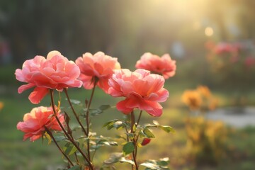 Pink roses in full bloom are illuminated by warm sunlight in a serene garden setting, creating a peaceful and romantic atmosphere