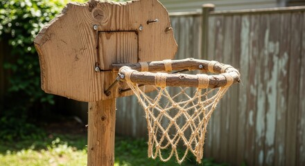Rustic Outdoor Basketball Hoop with Handmade Net and Weathered Wood Backboard