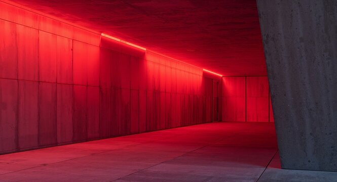 Concrete Passage in Scarlet Luminescent Illumination, Abstract Space Perspective.