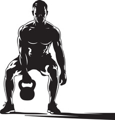 Muscular fitness athlete silhouette performing kettlebell squat exercise with strong defined physique and shadow