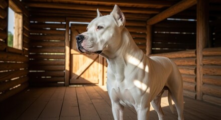 Majestic White Dogo Argentino Stands Proudly in Rustic Wooden Barn Sunlight