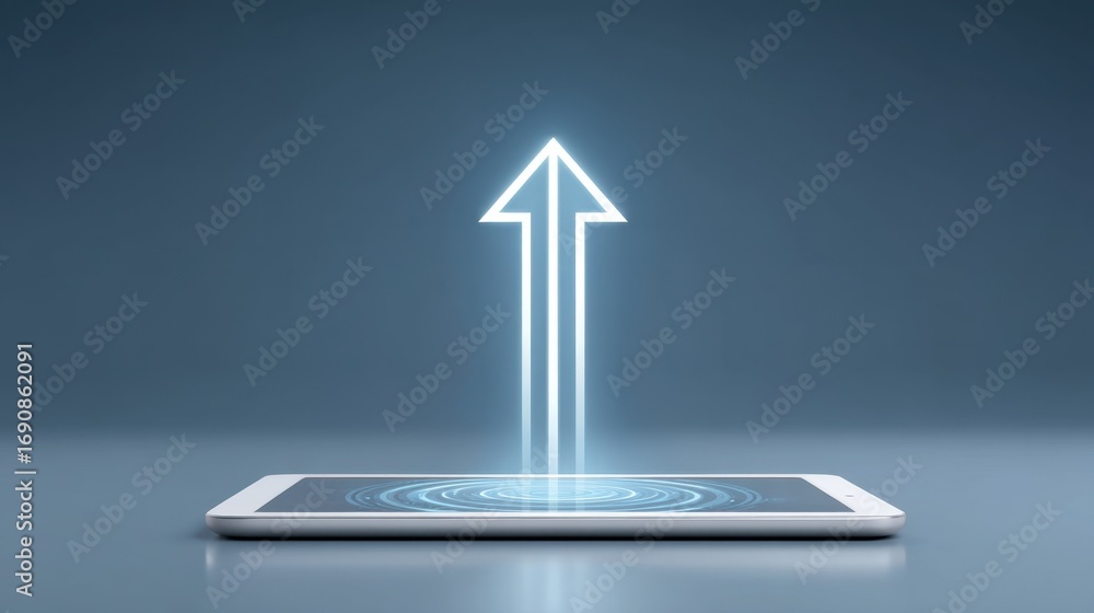 Poster abstract representation of digital innovation with arrow glowing above touchscreen tablet on sleek s