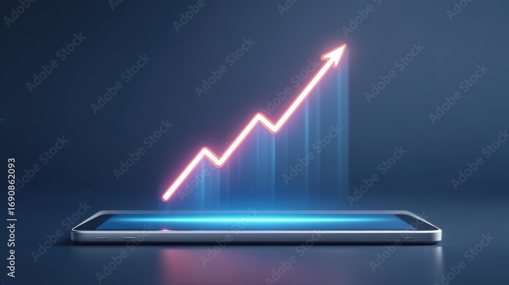 Poster growth chart on tablet display with neon arrow rising towards success and progress in digital busine