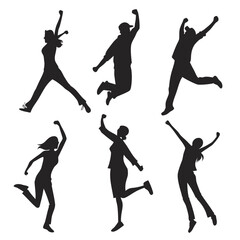 A collection of six diverse black silhouettes of people jumping and celebrating with arms raised in the air against a white background representing joy and success