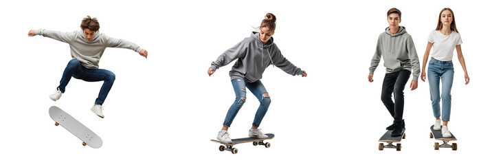 Youth lifestyle collage with active teenagers on skateboards. A young man performs an aerial trick while a girl cruises and a couple smiles for the camera