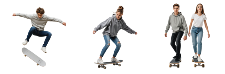 Youth lifestyle collage with active teenagers on skateboards. A young man performs an aerial trick while a girl cruises and a couple smiles for the camera