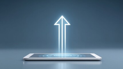 Abstract representation of digital innovation with arrow glowing above touchscreen tablet on sleek surface, symbolizing growth and forward-thinking concepts