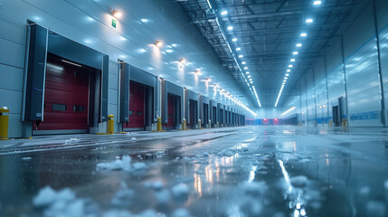 Modern industrial cold storage warehouse with red doors and reflective wet floor showing refrigerated facility for food distribution and temperature controlled logistics