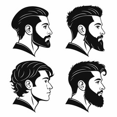Collection of four stylized black and white profile illustrations of men s heads showcasing diverse hairstyles and beard styles for modern grooming and fashion concepts