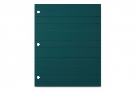 Teal lined notebook page with punched margins, transparent backdrop highlighting minimalist stationery design element