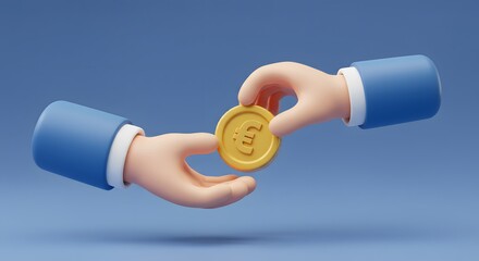 Digital Illustration of Hands Exchange Euro Coin with Blue Sleeves on Blue Background