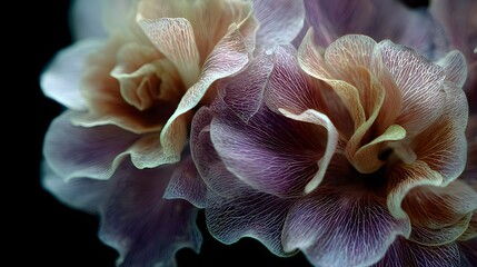 Stunning macro view of delicate layered flower petals in soft pastel tones and intricate detail