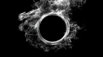 A circular ring of swirling white smoke forms against a solid black background, creating a mysterious and abstract visual effect