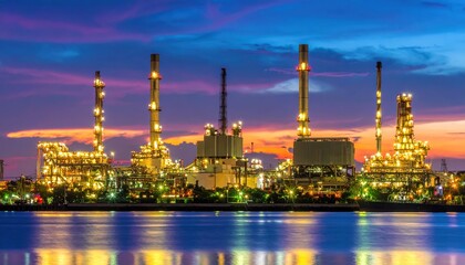 Fototapeta premium Industrial Complex at Sunset with Colorful Sky and Reflective Water