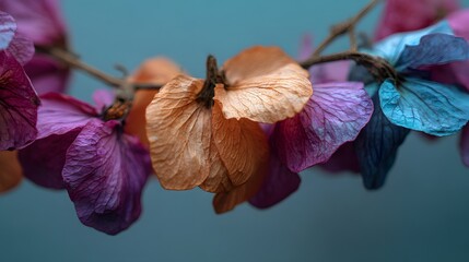 Vibrant, textured dried flowers in stunning jewel tones create a dramatic, artistic botanical close-up