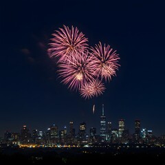 Fireworks exploding in the night sky above a city skyline silhouette, with dark sky and space below for text.
