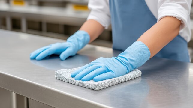 Person in Blue Gloves Cleaning Stainless Steel Surface with Cloth in Kitchen Environment, Emphasizing Hygiene and Sanitation Practices for Food Safety