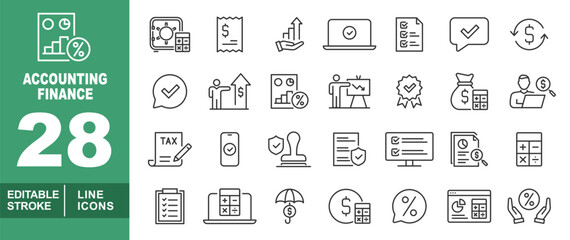 Accounting Finance line icon set. Editable stroke icons for Accounting Finance. Containing financial report, safe with calculator, receipt, growing chart, laptop with checkmark, checklist document