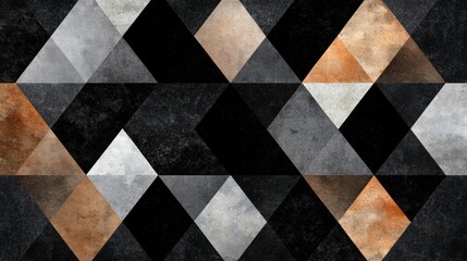 A geometric pattern of triangles in black, white, gray, and orange.
