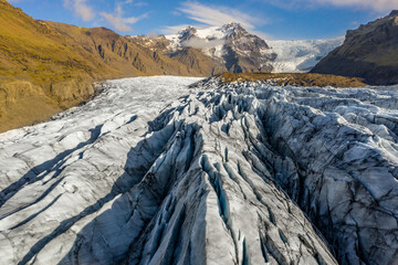 Aerial view of crevasses on Sv&iacute;nafellsj&ouml;kull glacier in Iceland