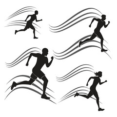 Dynamic silhouettes of male and female runners in motion with stylized streaks representing speed and energy on a white background