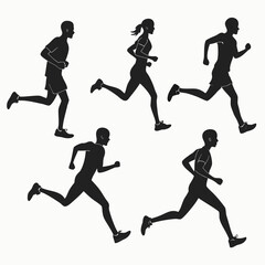 Diverse group of male and female runners in silhouette form captured mid stride in various dynamic poses representing fitness and athletic pursuit against a clean white background