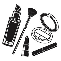 A collection of black and white graphic illustrations of essential makeup items including a perfume bottle makeup brush lipstick compact powder and mascara on a white background