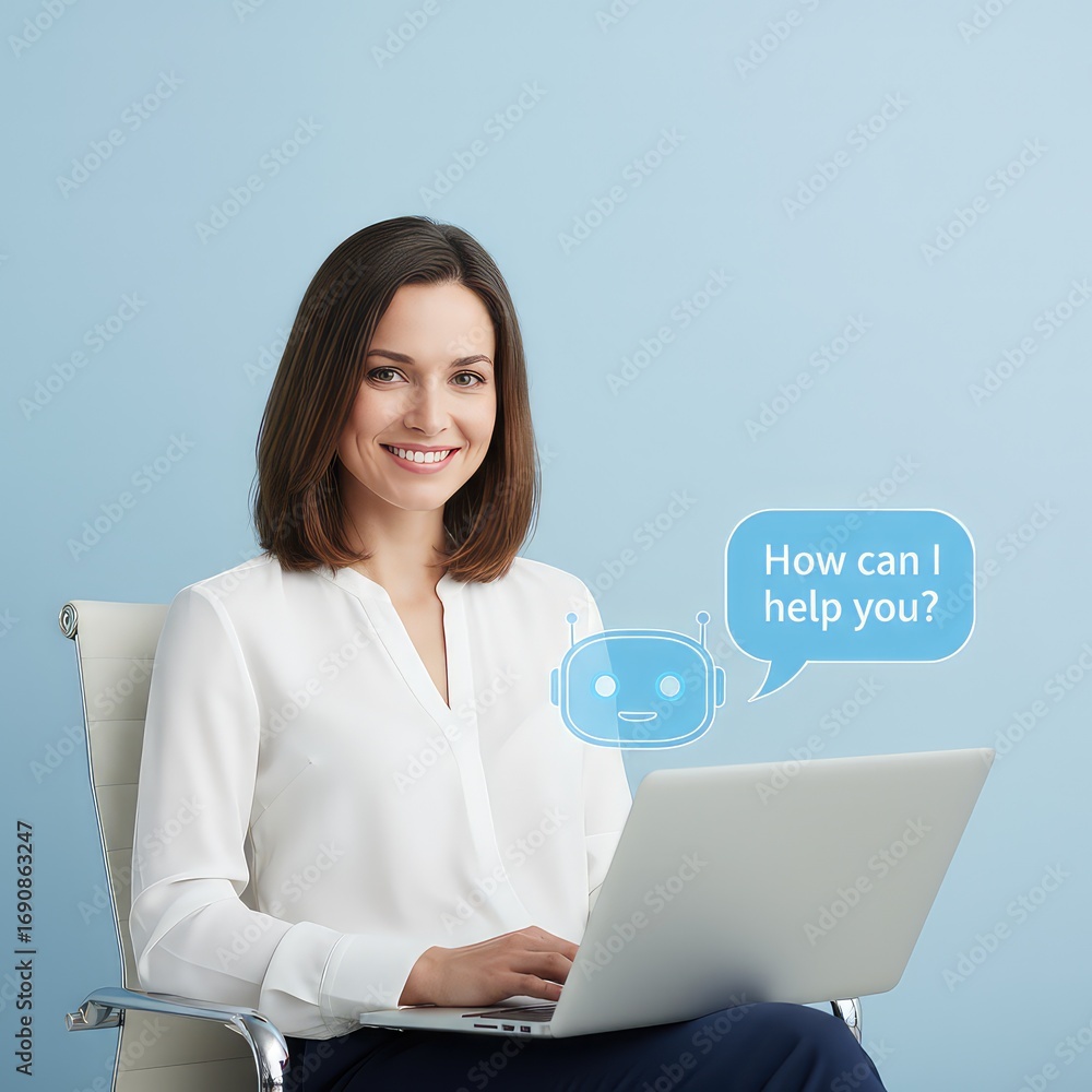 Poster a smiling professional woman, engaging with artificial intelligence through a laptop, exemplifies te