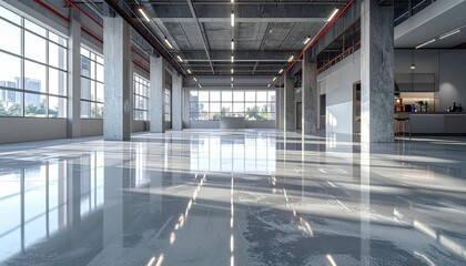 Modern Spacious Industrial Interior with Large Windows and Concrete Floor