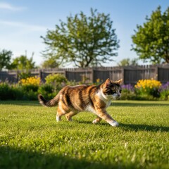 A curious calico cat strolls through a sun-drenched backyard, observing the world. Captured in a moment of pure joy, surrounded by greenery and a wooden fence. 