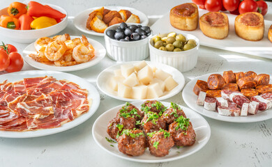 Spanish Tapas Spread with Jamon, Cheese, Shrimp, Olives