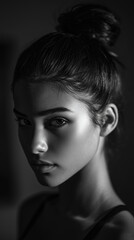 Young woman with sleek bun hairstyle in dramatic black and white close up portrait, showing serious expression and smooth skin texture with high fidelity lighting