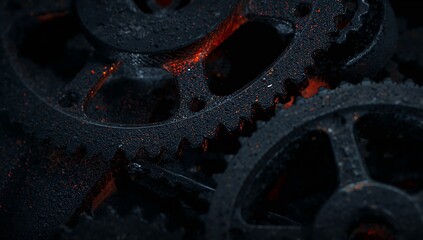 Interlocking Cogs in Dark Metallic Texture with Flecks of Orange Light, A Visual Puzzle.