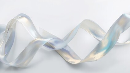 Iridescent Ribbon Abstract, Flowing Waves of Shimmering Texture on a White Background.