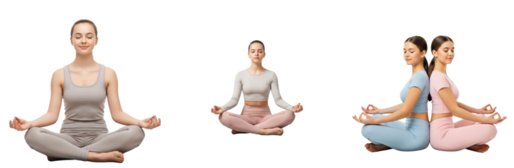 A versatile set of young women in calm meditation poses for spiritual and wellness projects. Isolated yoga practitioners in lotus asana on a white background