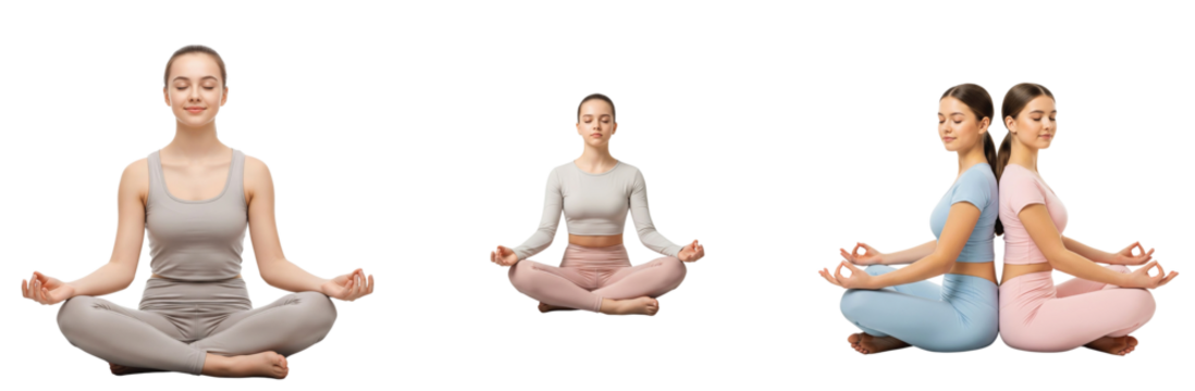 A versatile set of young women in calm meditation poses for spiritual and wellness projects. Isolated yoga practitioners in lotus asana on a white background