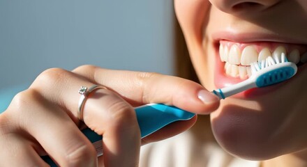 Woman brushing teeth with a toothbrush, close-up, for dental hygiene campaigns