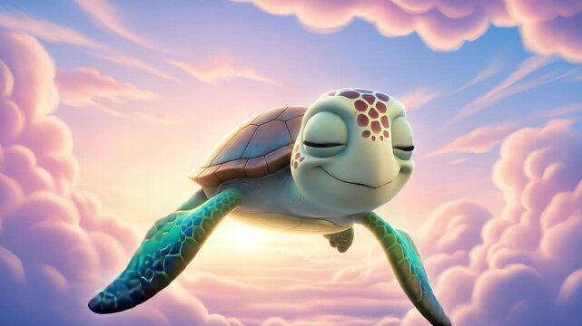 Cute green cartoon sea turtle with a shell on the beach